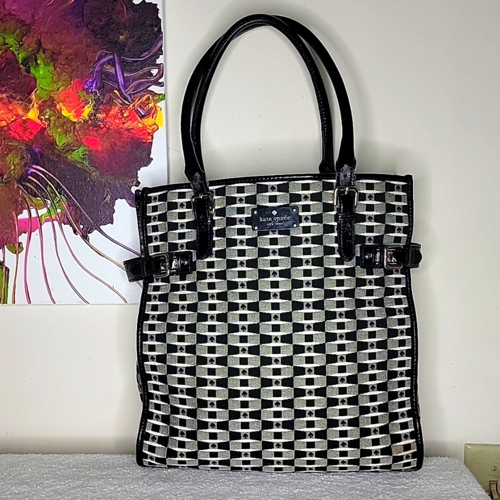 Kate Spade Medium Jacquard Totebag with Patent Leather Handles Black and Gray